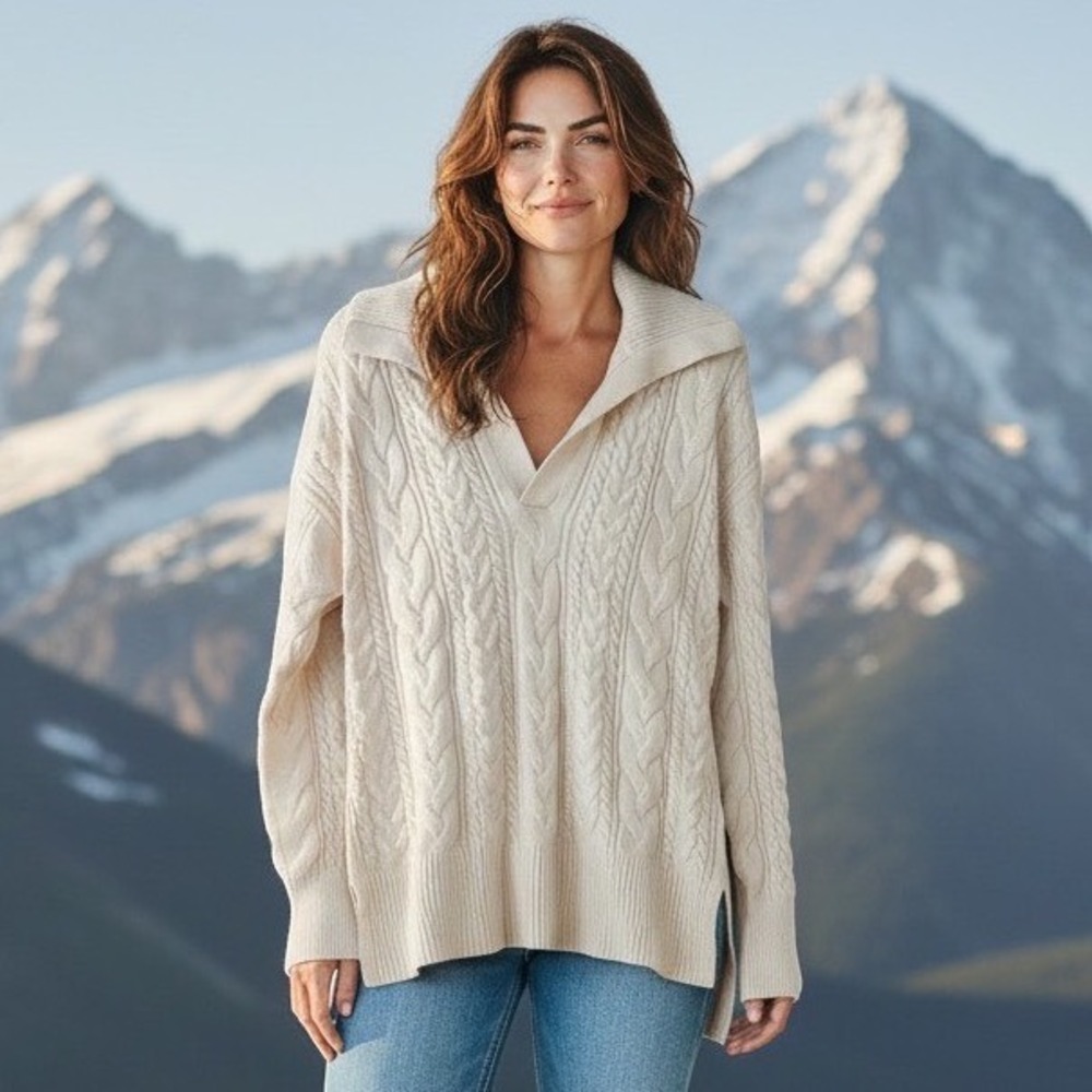 YPB Your Personal Best NWT Abercrombie Cream Cable Knit Polo Sweater Small Cozy